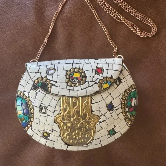 NEW Ramla Handmade Mosaic Crossbody Bag with Gold Accents - Picture 2 of 6